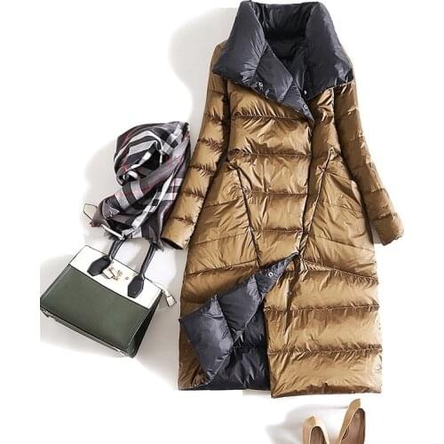 RICORIT Long Sleeve Stand Collar Double Side Wear White Duck Down Coat Women Turtleneck Parkas Vogue Casual Outerwear Jacket