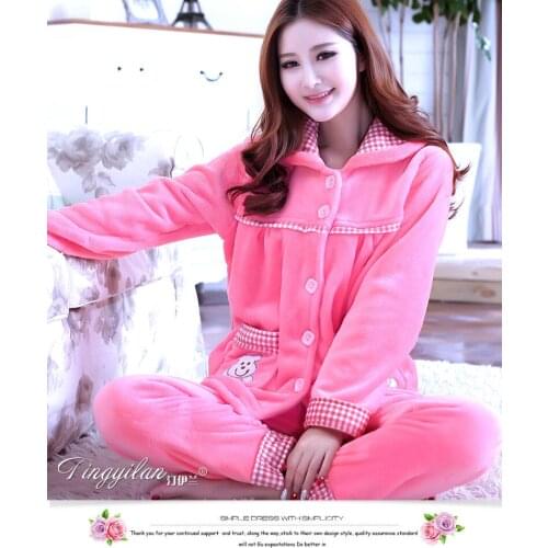 Lady Flannel Nightwear Women Long Sleeve Homewear Flannel Pajamas Girls Coral Velvet Sleepwear Cardigan Plus Size D-2110