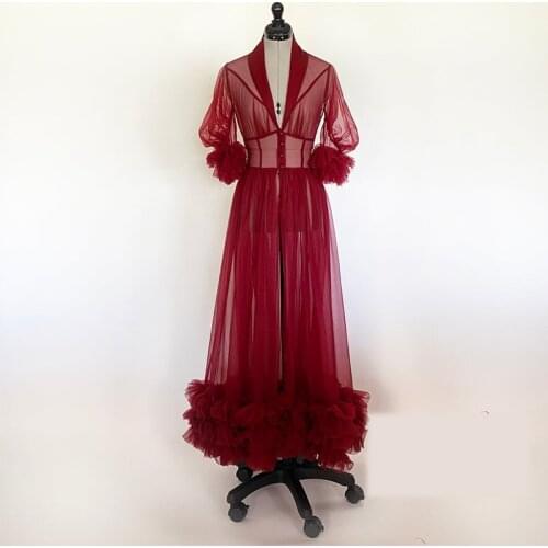 Womens Burgundy Photography Dress Robe Sexy Nightgown Ruffles Sleepwear Lace Tulle Long Bathrobe Pajamas Prom Bridesmaid Shawel
