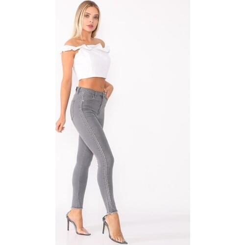 Women, Jeans, High Waist, Sequin Sides, Sequined, Slim Fit, Flexible, Light Gray, Solid Color, Full Length, Cotton Denim Trouser