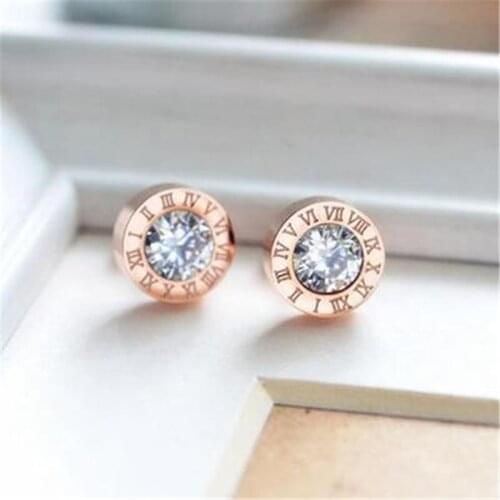 YUN RUO Rose Gold Roman Number Zircon Stud Earring Woman Man Titanium Steel Fashion Jewelry Gift Not Change Color Hypoallergenic
