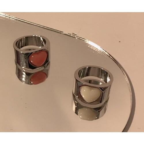 AOMU Rock Love Smooth Metal Silver Color Ring Fashion Punk Red Heart Rings for Women Couple Fashion Jewelry Gifts