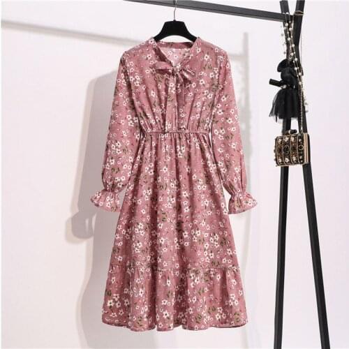 2021 Women New Casual Autumn Dress Vintage Floral Printed Female Long Sleeve Bow Midi Summer Vestidos Ladies Fashion V-Neck H23