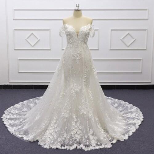 Sexy Mermaid Wedding Dress Detachable Train 2021 Newest Off Shoulder 3D Lace Detachable Train Bridal Wedding Gown 2 In 1 SJ528