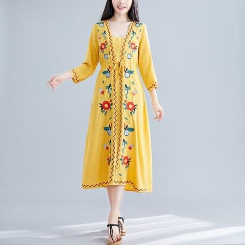 Cotton Linen Vintage Dress Woman Summer 2021 Spring Autumn Embroider Robe Vintage Femme Boho Dress Bohemian Vestidos Retro 10595