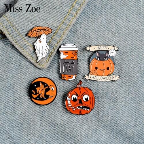 Happy Halloween Enamel Pin Custom Coffee Moon Ghost Pumpkin Umbrella Brooches Backpack Clothes Lapel Pin Fun Badge Jewelry Gift