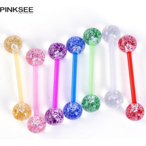 2/7pcs Soft Acrylic Barbell Sex Tongue Piercing Tongue Rings Flashing Powder Plastic Nipple Ring 14G Bars Piercing Body Jewelry