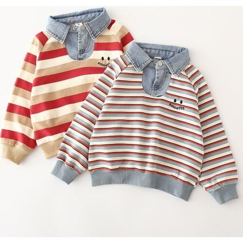 2021 Kids 100% Cotton sweatshirt boys girls Long sleeve stripe Denim collar sports tops spring autumn toddler clothes clothing