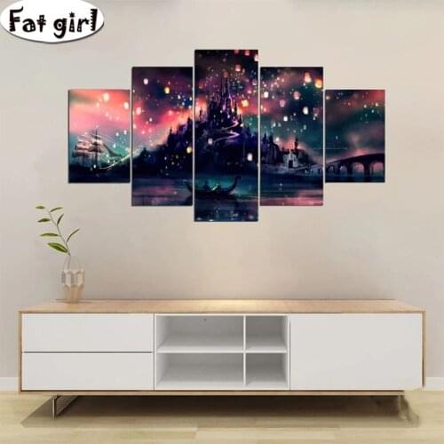 5 panel fantasy magic castle 5D diy diamond painting modern wall art poster square round diamond cross stitch mosaic embroidery