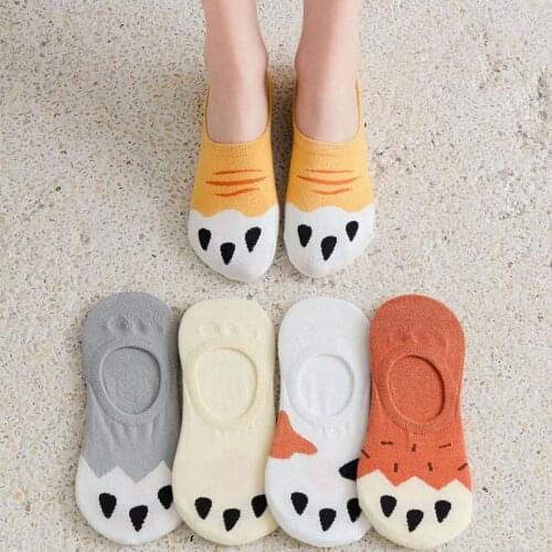 5 Pairs Pure Cotton Boat Socks Female Invisible Socks Ladies Shallow Mouth Non-slip Cat Claw Cat Footprints Cartoon Cute Socks