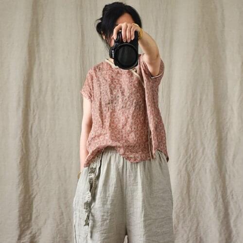 Women Loose Printed V Neck Ramie Blouse Tops Ladies Vintage Ramie Shirt Female 2021 Summer Thin Ramie Tops