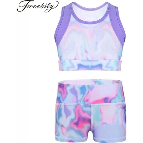 Kids Girls Sets Colorful Sleeveless Tie-Dye Tanks Crop Top with High Waist Dance Shorts Bottoms Gymnastic Workout Sports Set