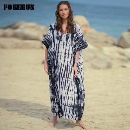 FORERUN Kaftan Beach Dress Women Long Maxi Cover Up Tie Dye Dresses Summer Saida De Praia Print Beachwear Pareos De Playa Mujer