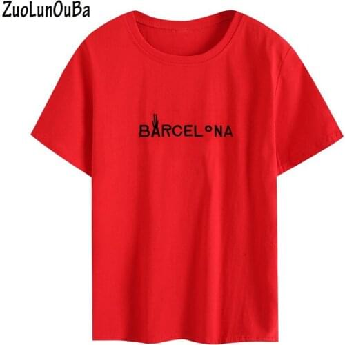 ZuoLunOuBa Summer Casual Women Embroidered Letter T Shirt Short Sleeved Round Neck Red Loose Tees Tops