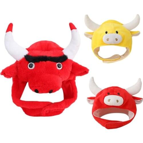 Lovely Cartoon Cow Animal Plush Hat Winter Warm Headgear Cap 3D Ears Horns Funny Stuffed Headwear Cosplay Costume Props