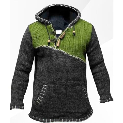 Men Long Sleeve Stitching Hoodie Sweater Autumn Winter Patchwork Hooded Jumper- Toggle Horn Sweatershirt Outwear Oversize M-4XL