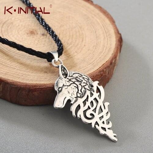 Kinitial Viking Wolf With Cross Knot Necklaces Antique Bronze Animal Wolf Head Charm Pendant Ethnic Necklace Jewelry