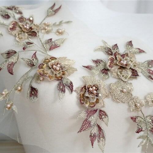 Luxury 1 Pair Gold Embroidery Lace Applique 3D Floral Beaded Pearls and Sequins Applique Trim for DIY Dress Clothing Accessories