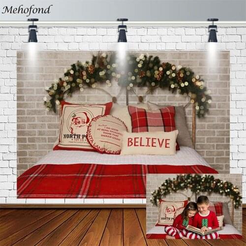 Christmas Backdrops For Photography Winter Tree Red Bed Pillow Bokeh Wall Children Photo Background Studio Photocall Decor Props