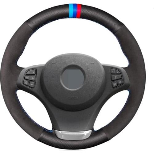 Hand-Stitched Soft Black Genuine Leather Suede Car Steering Wheel Cover For BMW E83 X3 2003-2010 E53 X5 2004-2006