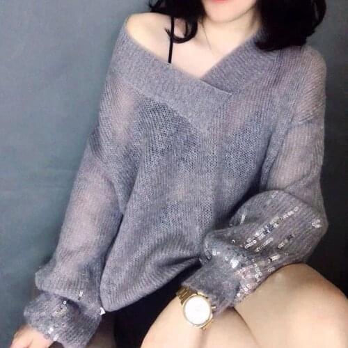 Spring New Lantern Sleeve V-neck Thin Sweater Womens Pullover Loose Street Style Sequin Lady Solid Color Sweater Top