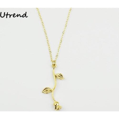 Utrend Delicate Necklace For Women Rose Flower Leaf Pendant Beauty Statement Necklace With Charm Collier Boho Jewelry Gift