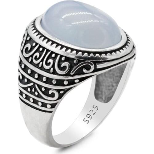 Vintage Turkey Jewelry Solid 925 Sterling Silver Mens Ring Natural Aqeeq Stone Moustaches Gear Onxy Stone Fashion Jewelry Women