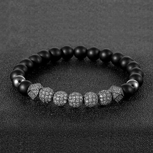 Punk Vintage Jewelry Ball Crystals Paved Bead Bracelets Bangles For Women Men Black Stone Strand Bracelets 4 Colors