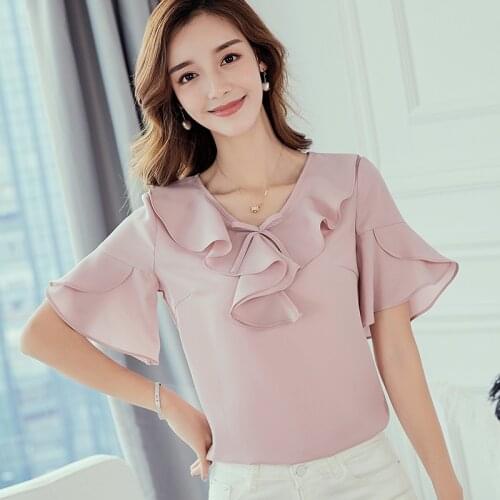 Women Chiffon Shirt Female New Korean Version All-match Shirt Ladies Spring Summer Pure Color Short Sleeve Bowknot Tops H9101