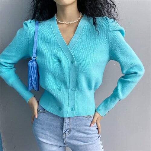 Womens sweater 2021 new retro blue V-neck puff sleeve double-breasted knit sweater cardigan sweater women