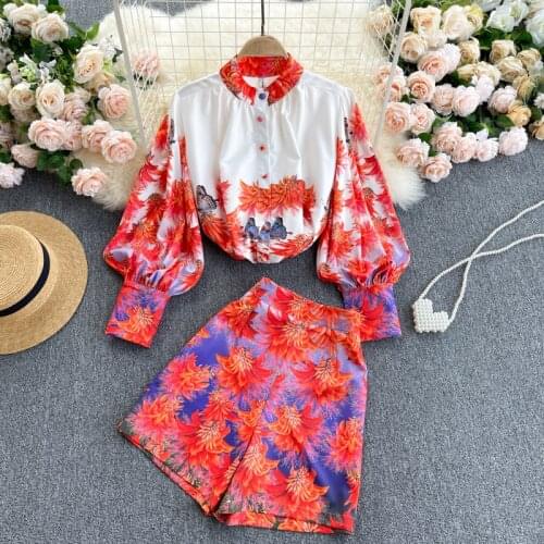 2021 Women Summer Suit Fashion New Vintage Long Lantern Sleeve Single Breasted Print Shirt + Wide Leg Shorts Two Piece Sets