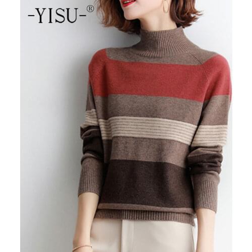 YISU 2020 Women Winter Sweater Half turtleneck Jumper Warm Stitching color Stripe Casual Winter top Fashion Knitted pullover