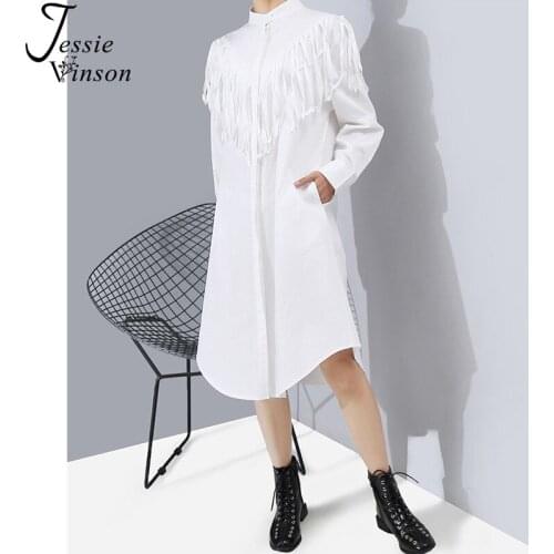 Jessie Vinson Long Sleeve Tassels Belted White Shirt Dress Women Elegant Loose Black Knee Length Dresses Spring Office Vestidos