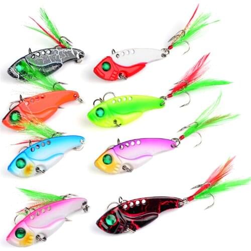 1pcs Metal VIB Fishing Lure 11G/5.5CM Vibration Spoon Lure Crankbait Bass VIB Artificial Hard Baits with Feather Cicada