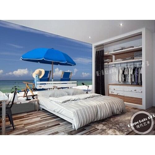 The custom 3D murals,The Mediterranean Sea beach sun umbrella , the living room sofa TV wall bedroom background wall paper