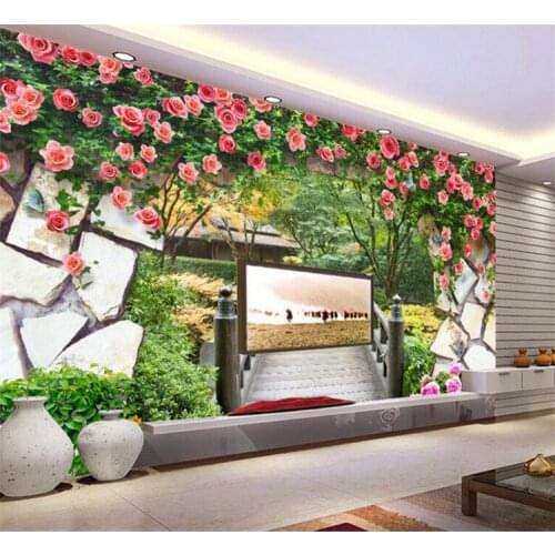 3D Wall Mural Garden Flowers Wall Wooden Bridge Landscape Photo Wallpaper Customized Bedroom TV Backdrop Wall Paper For Walls 3D