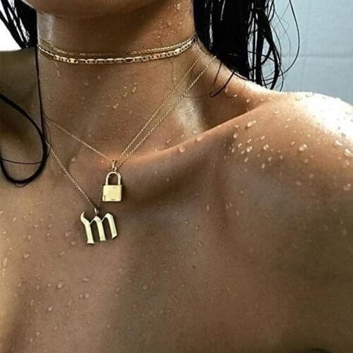 4 Pcs/Set Women Vintage Necklaces Set M Letter Lock Pendant Gold Color Multilayer Necklace Ladies Sexy Beach Party Jewelry