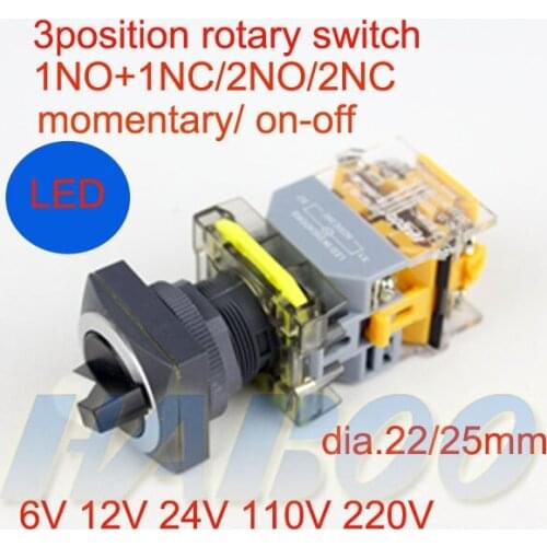 5pcs/lot dia.22/25mm 3position selector rotary switch with led light momentary on-off illuminated switch 6V 12V 24V 110V 220V
