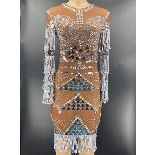 Sparkly Silver Mirrors Rhinestones Fringes Sleeve Dress Dance Costume Sexy Nightclub Party Dress Prom Birthday Celebrate Outfit