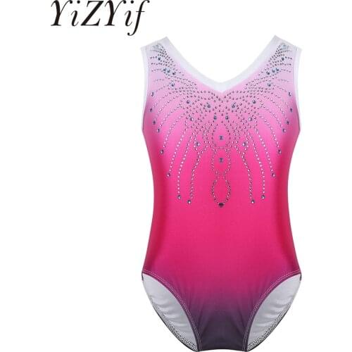 Kids Gymnastics Leotards Sleeveless Shiny Rhinestones Sports Workout Unitards For Girls Ballet Stage Performance Dance Costume