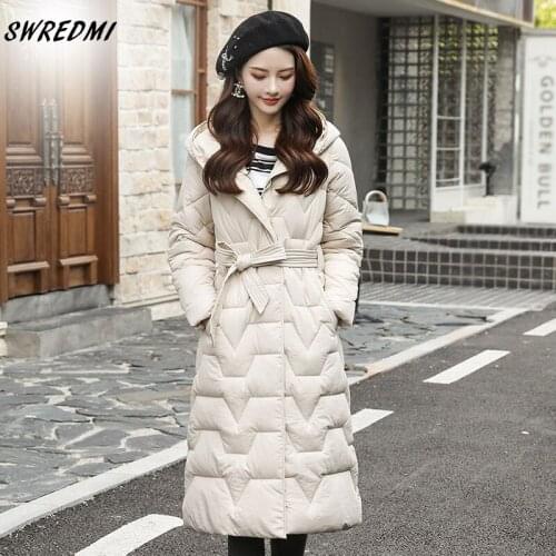 Long Winter Jacket Women Slim Belt Cute Winter Coat Women Long Female Jacket Hooded Solid Cotton Padded Parkas Outerwear SWREDMI