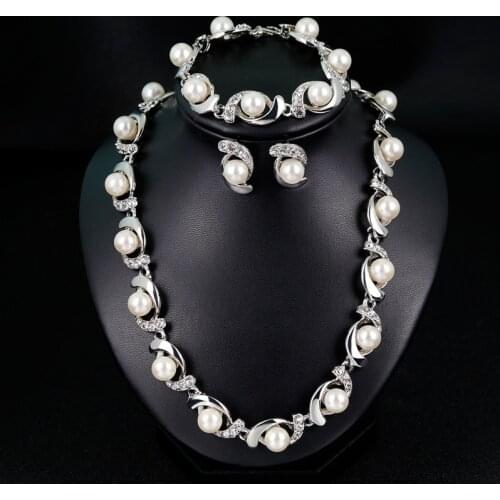 Elegant Pearl Crystal Bridal Jewelry Sets Necklace Bracelet Earrings Set for Women Wedding bijoux Set Bridal Accessories