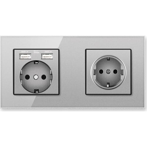 EU Standard Electrical Socket Crystal Glass Panel Wall Germany EU Socket With USB Outlet AC110-250V 16A Gray