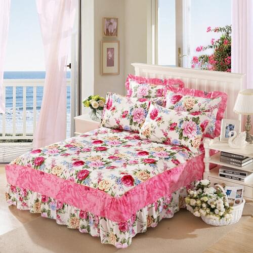 Floral Cotton Ruffle Bedspread Mattress Cover Princess Bedding Bed Skirt & Cotton Ruffle Pillowcase Rose Flower Spring Autumn