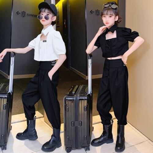 Teen Kids Handsome Shirt Suit 2021 Girls Short Short Sleeve Shirt + Loose Long Pants Street Dance Performance Set 2PCS
