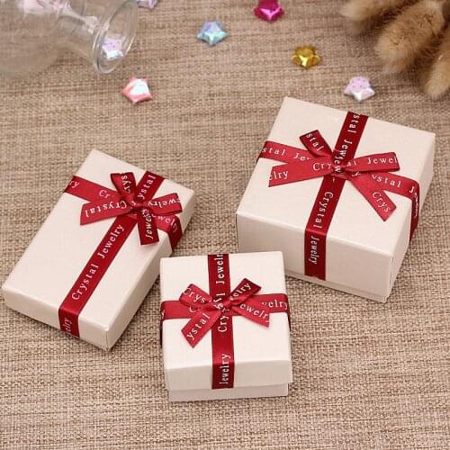 DoreenBeads Jewelry Boxes Paper Beige Color Red Ribbon Bowknot For Jewelry Packing Display Gift Necklace Earring Box, 1 Piece