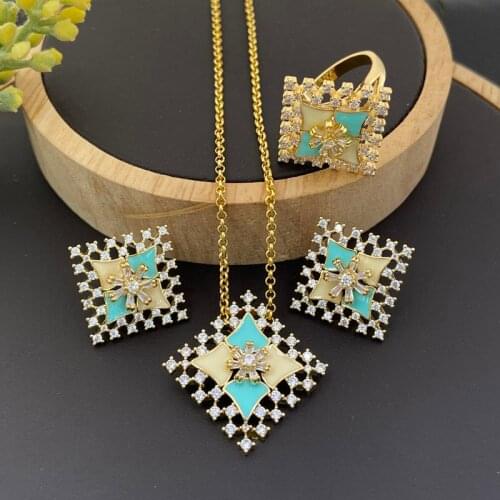 Lanyika Fashion Jewelry Set Elegant Snowflake Drip Oil Micro inlay Necklace with Earrings and Ring for Women Wedding Best Gifts