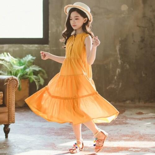 Summer Teen Girls Sleeveless Dress 2021 Children Cake Dress Oversized Stitching Dress For Kids Casual Seaside Long Dress