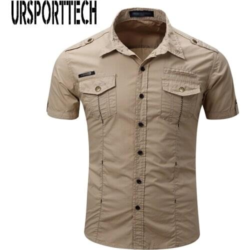 URSPORTTECH 100% Cotton Military Shirt Men Summer 2020 Casual Short Sleeve Slim Fit Dress Shirt Male Tactical Cargo Work Shirts