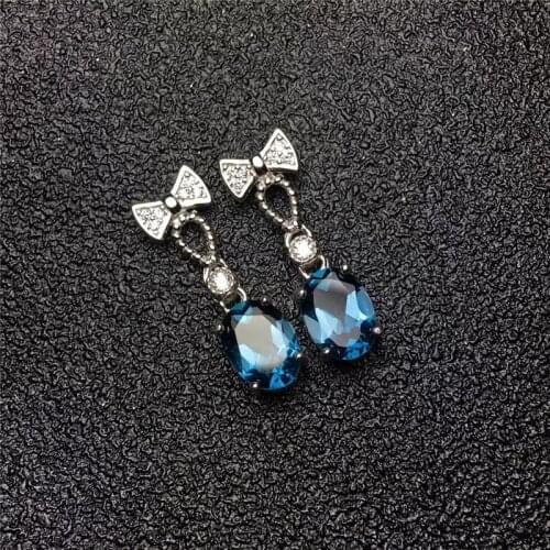 Cute Dainty Bowknot Small Drop Earrings Blue Zircon Oval Crystal Dangle Earrings For Women Vintage Silver Color Wedding Earrings